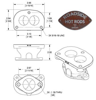 Vergaserfuß-Adapter 2 auf 3 Anschlüsse Chevy Aftermarket zu Stromberg 97 910-03662