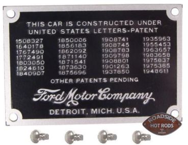 Ford Patent Daten Karosserie Hinweis Schild 1932-34 geätzt 47-25738-1