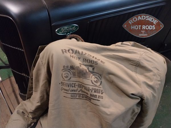 Jacke U.S.N. Roadside Hot Rods  "Sevice*Repair*Parts" "Built in Germany" Olive Handbedruckt RHR-U.S.N.B