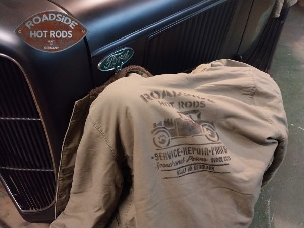 Jacke U.S.N. Roadside Hot Rods  "Sevice*Repair*Parts" "Built in Germany" Olive Handbedruckt RHR-U.S.N.B