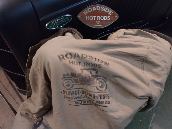 Jacke U.S.N. Roadside Hot Rods  "Sevice*Repair*Parts" "Built in Germany" Olive Handbedruckt RHR-U.S.N.B