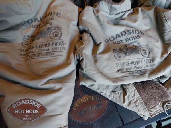 Jacke U.S.N. Roadside Hot Rods  "Sevice*Repair*Parts" "Built in Germany" Olive Handbedruckt RHR-U.S.N.B