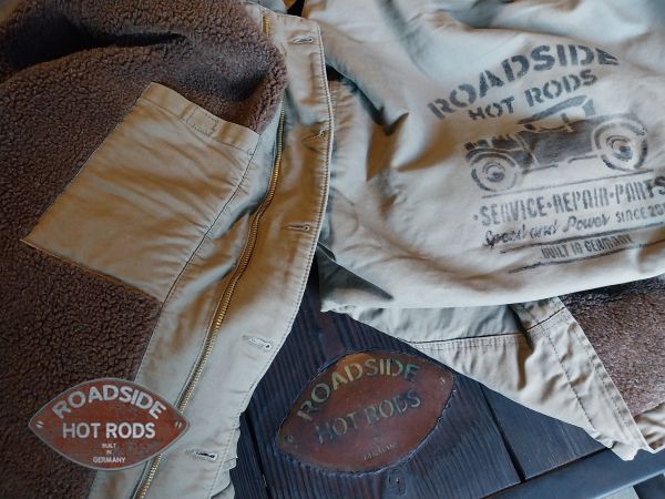 Jacke U.S.N. Roadside Hot Rods  "Sevice*Repair*Parts" "Built in Germany" Olive Handbedruckt RHR-U.S.N.B